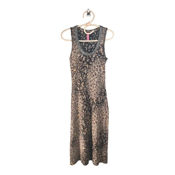 Charlotte Black Brown Gold Leopard Print Silver Embellished Neckline MIDI Dress - Picture 3 of 16